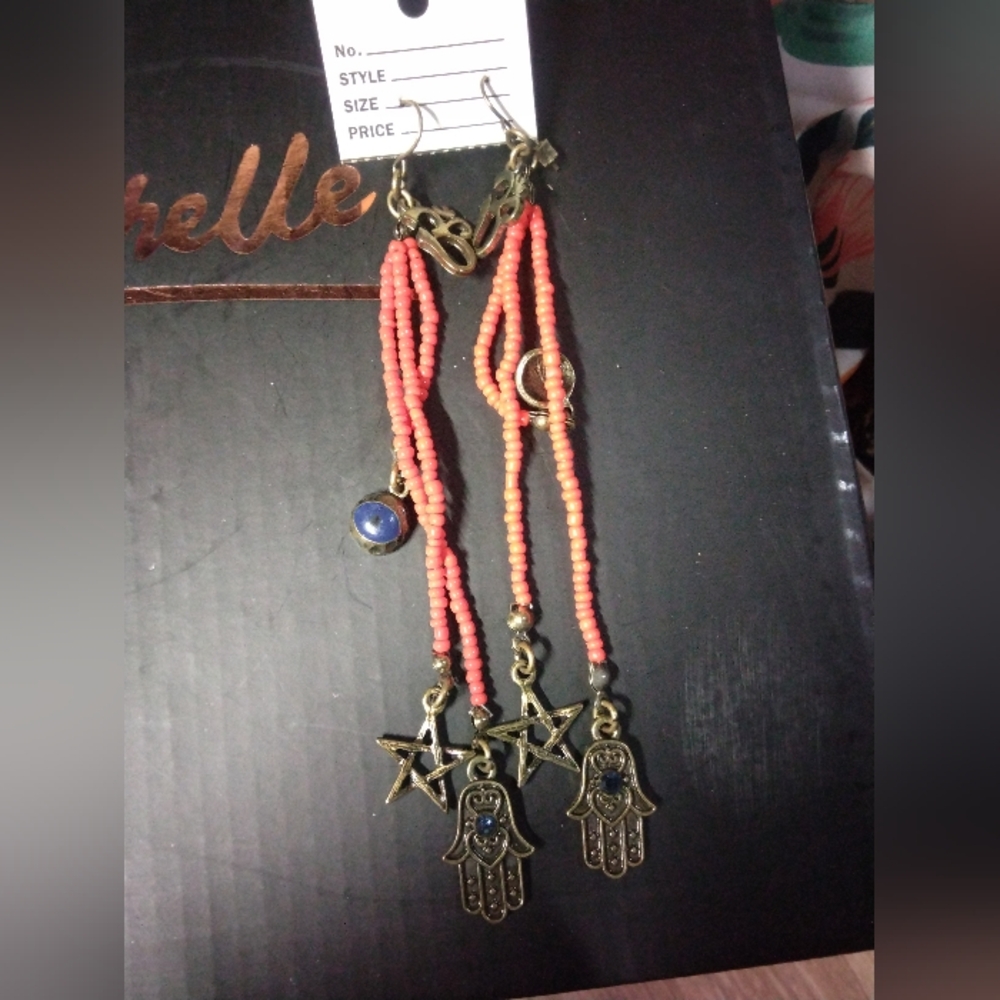 Boho Coral Beaded Earrings with Charms